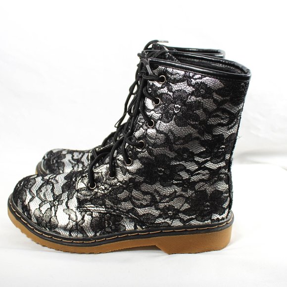 Rare Y2K Silver Metallic Foil Black Lace Combat Boots Size 10 - Picture 3 of 8